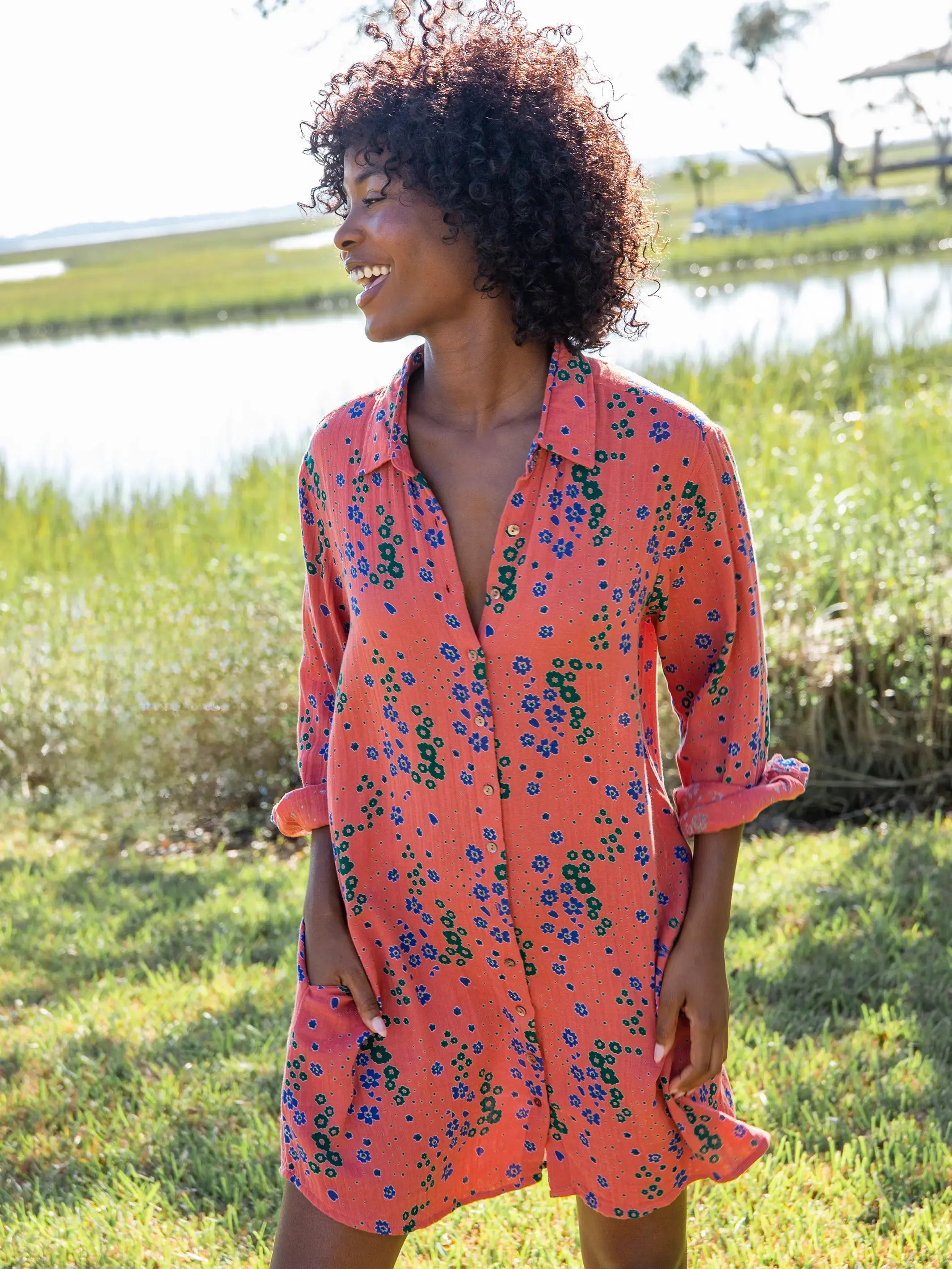 Printed Sleeve Shirt Dress-Georgia Cotton Gauze Shirt Dress - Red Green Floral