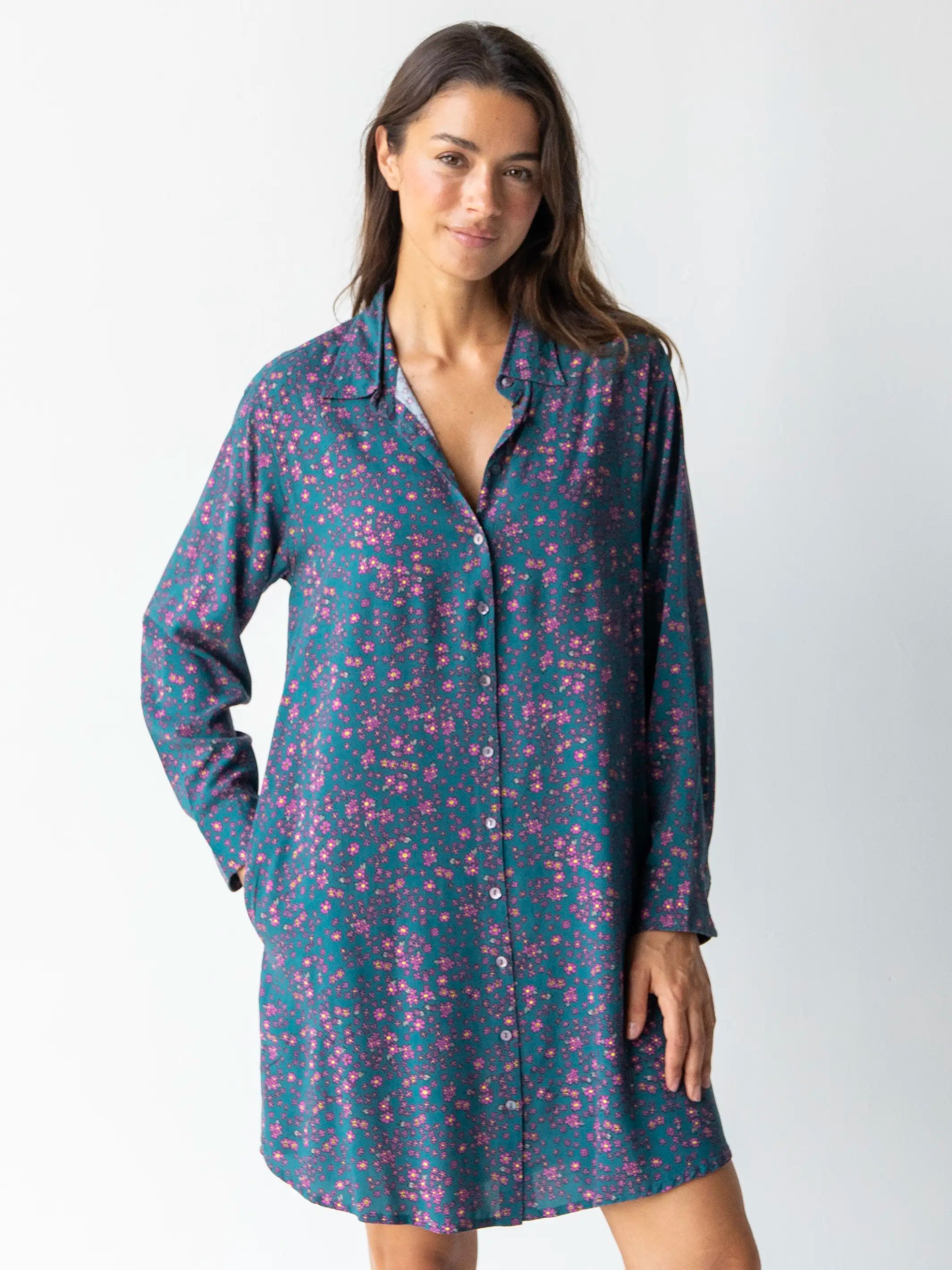Women's Checked Shirt Dress-Georgia Shirt Dress - Dark Teal Purple Floral