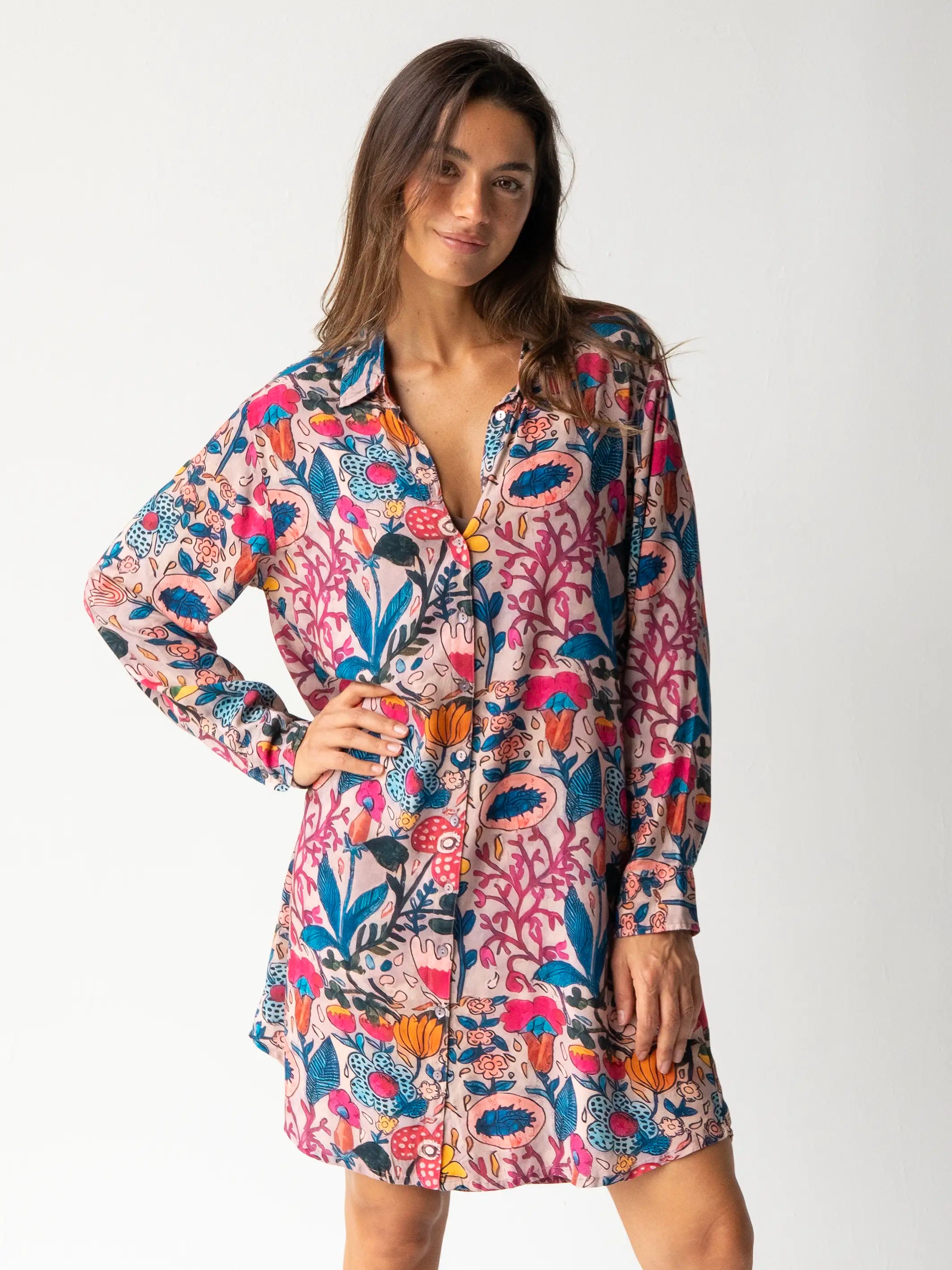 Sleeveless A-line Shirt Dress-Georgia Shirt Dress - Light Pink Multi Floral