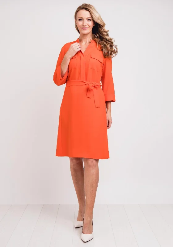 Deep V-neck Shirt Dress-Gerry Weber Crepe Belted Shirt Dress, Orange