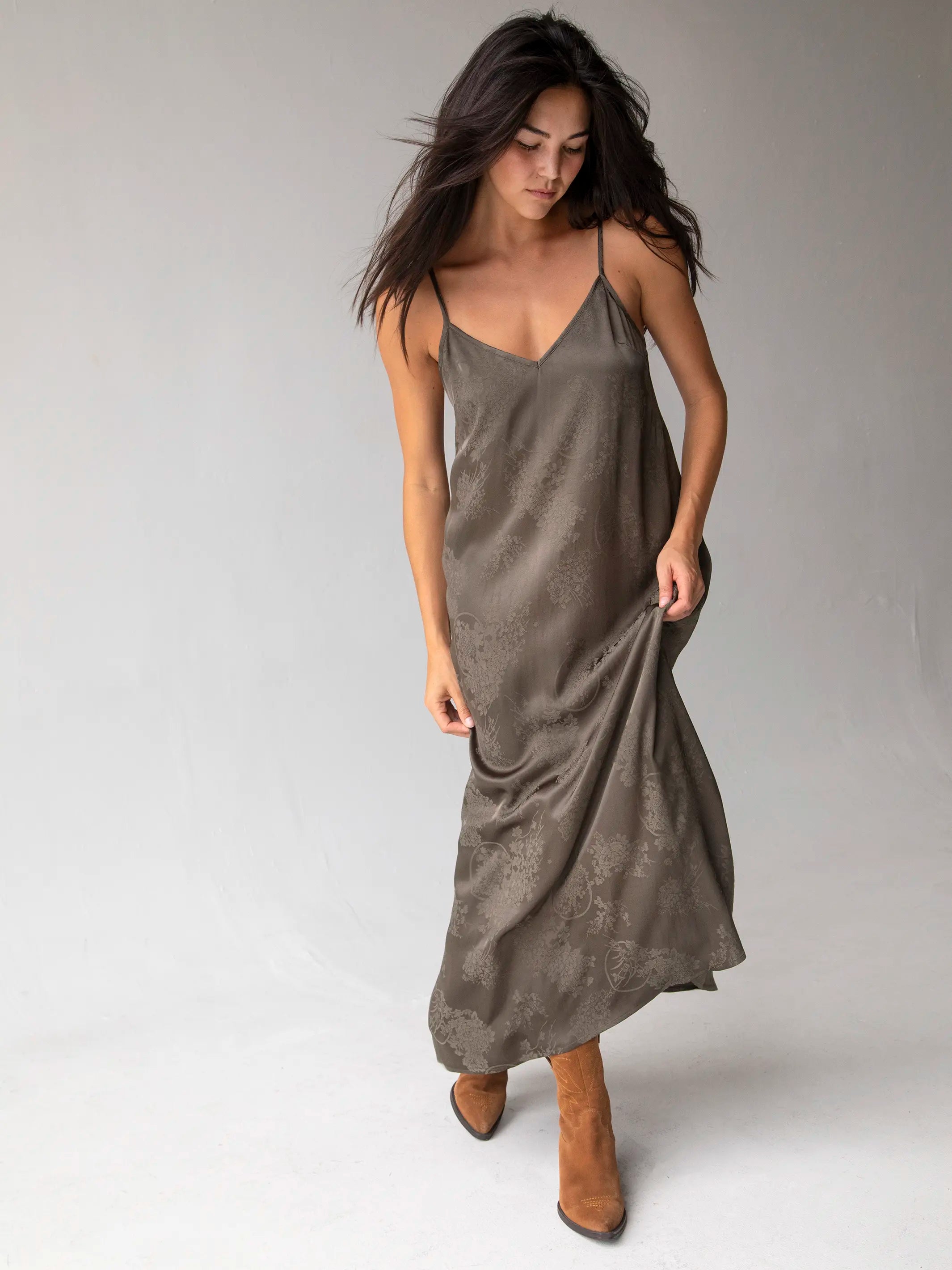 Slip Dress for Special Occasion -Red Satin Slip Dress for Date Night -Gracie Slip Maxi Dress - Dark Olive