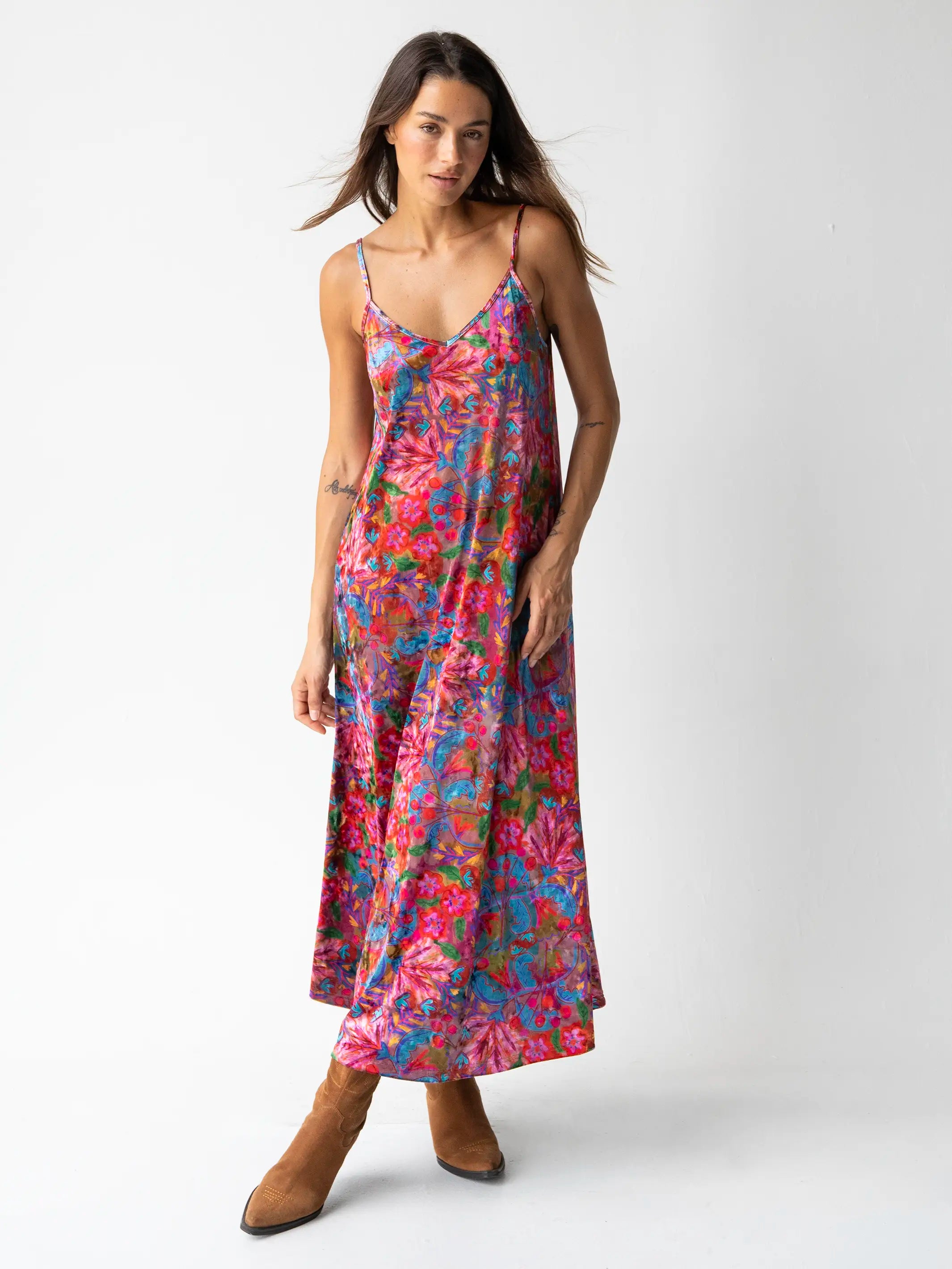 Classic Black Slip Dress -Slip Dress for Bridesmaid Party -Gracie Velvet Slip Maxi Dress - Pink Red Folk Floral