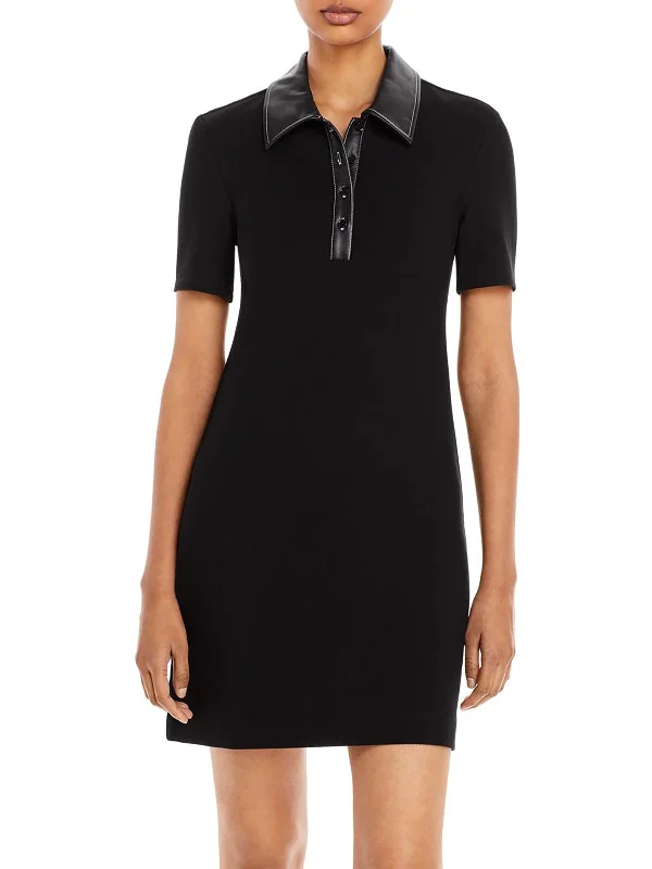 Casual High-neck Shirt Dress-Jay Womens Faux Trim Mini Shirtdress