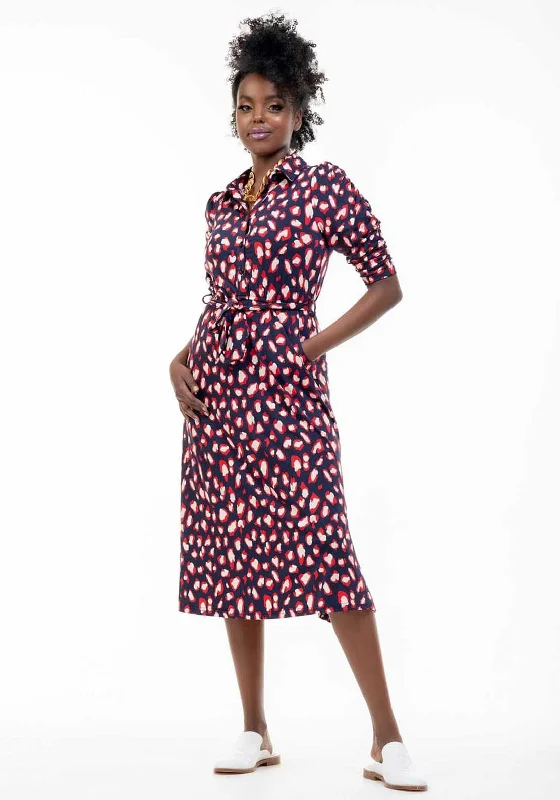 Button Front Casual Shirt Dress-Jolie Moi Calla Printed Midi Shirt Dress, Navy Multi