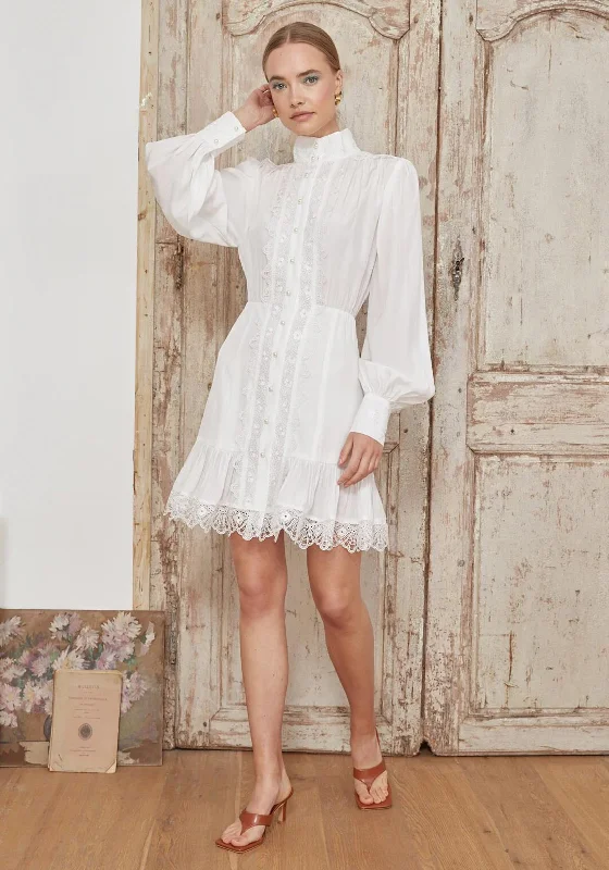 Women's Casual Dress Shirt-Jovonna Leone Lace Mini Shirt Dress, White