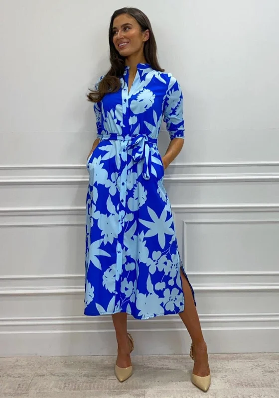 Dressy A-line Shirt Dress-Kate & Pippa Capri Midi Shirt Dress, Blue Print