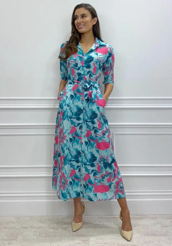 Classic White Shirt Dress-Kate & Pippa Luca Tropical Flower Maxi Shirt Dress, Aqua Multi