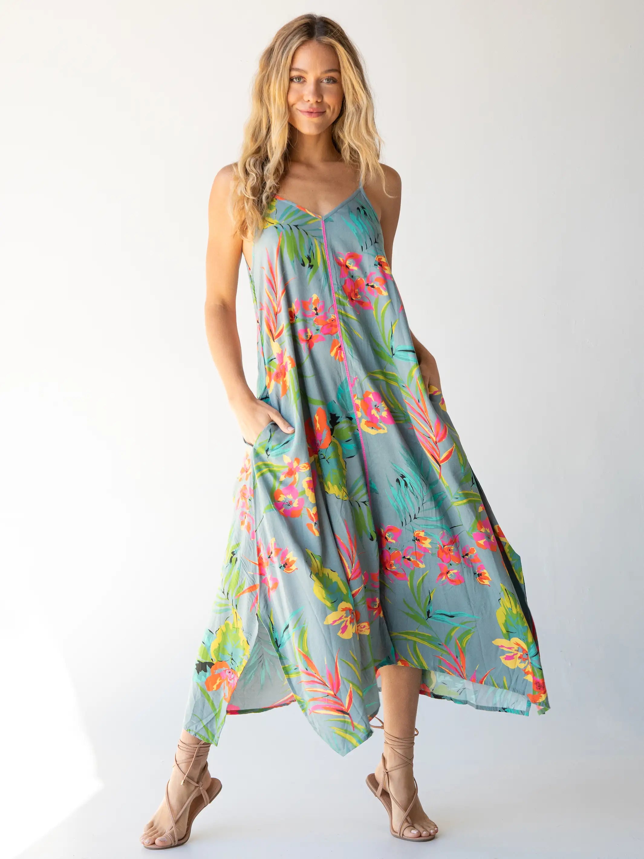 Slip Dress with Draped Skirt -Women's Formal Black Slip Dress -Katrina Midi Slip Dress - Light Blue Neon Floral