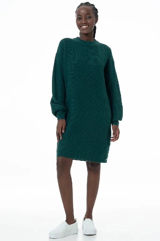 Women's Fitted V-neck Midi Dress-Knit Dress _ 145788 _ Emerald