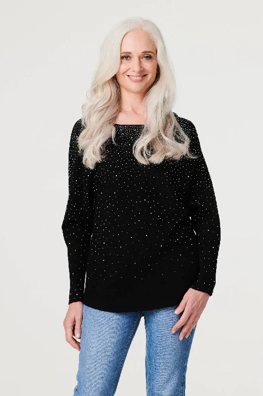 Women's Knit Sweater with Thick Ribbed Texture -Embellished Long Sleeve Knit Top