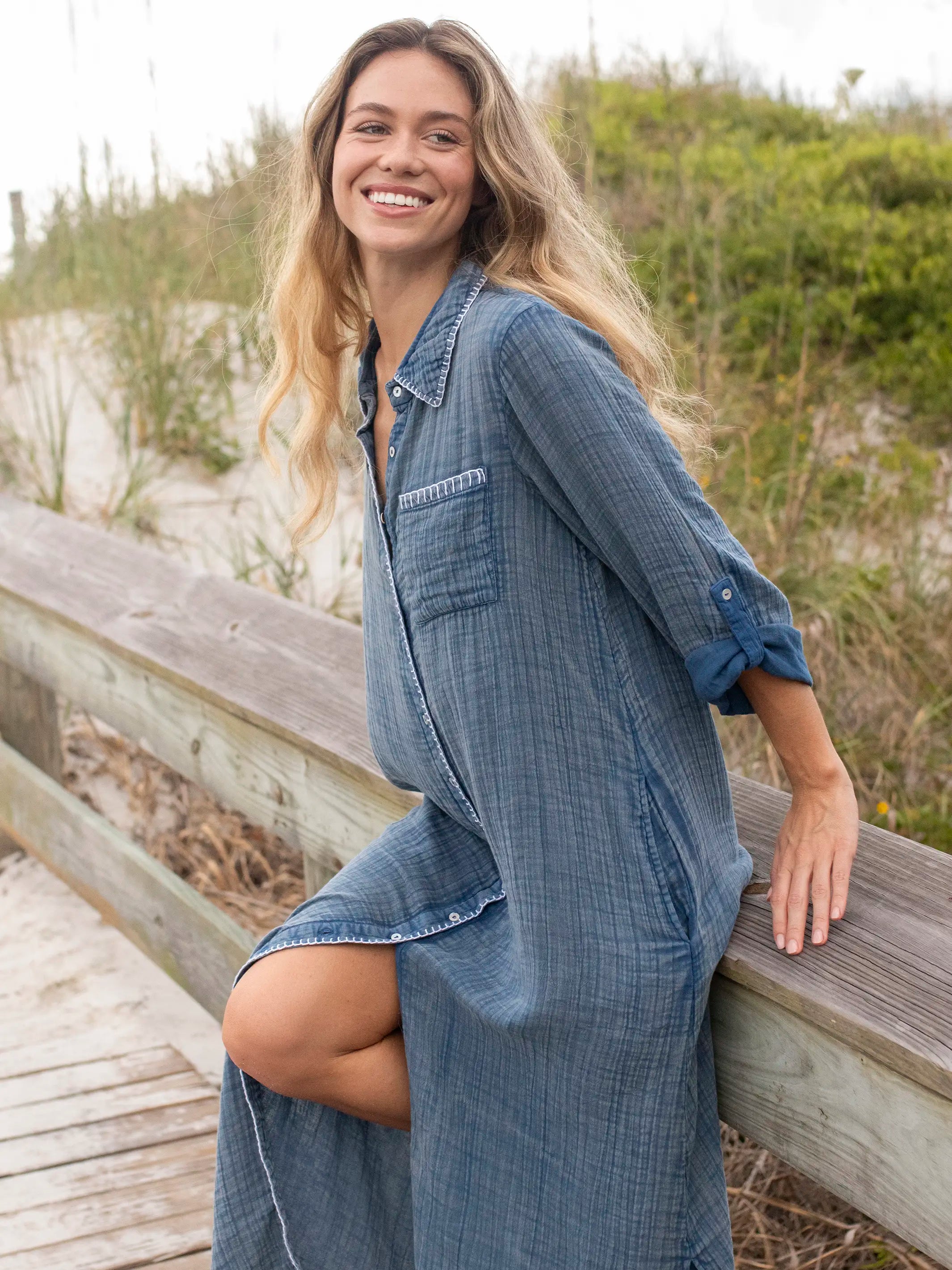Printed Short Sleeve Shirt Dress-Lola Cotton Maxi Shirt Dress - Denim