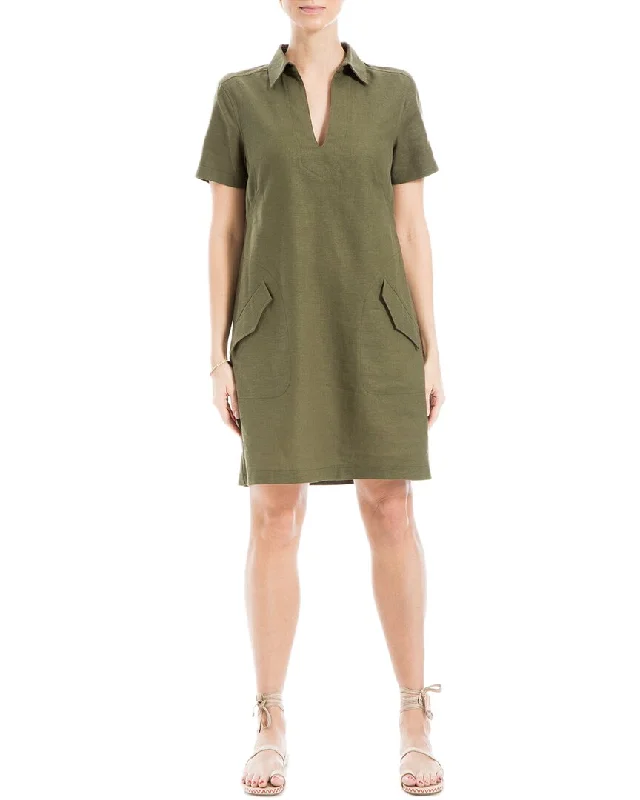 Classic Short Sleeve Shirt Dress-Max Studio Collar V-Neck Linen-Blend Short Dress