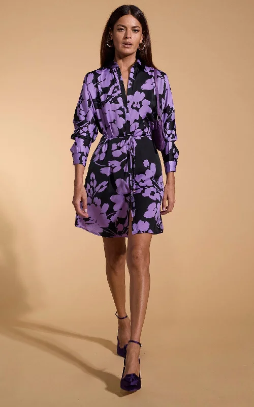 Stretchable Shirt Dress-Melody Mini Shirt Dress in Lilac on Black Floral