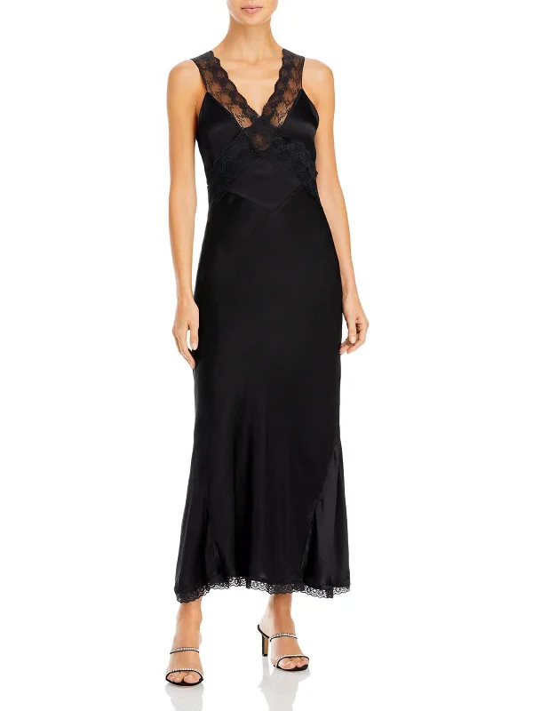 Gold Slip Dress -Satin Bodycon Slip Dress -Mendez Womens Lace Trim Long Slip Dress