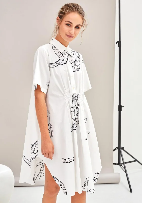 Stretch Shirt Dress-Naya Line Art Print Shirt Dress, White
