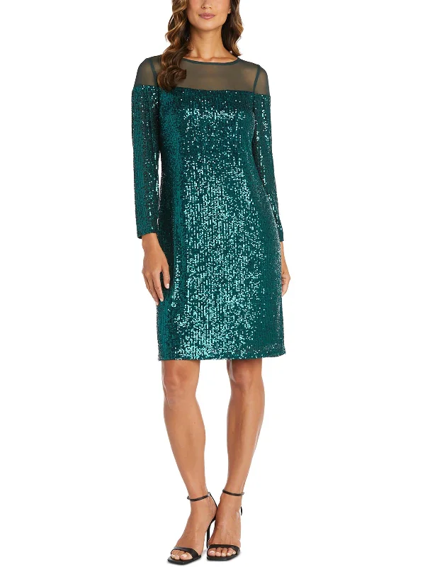 Trendy Yellow Party Dress for Summer Nights -Petites Womens Sequined Illusion Trim Cocktail and Party Dress Trendy Yellow Party Dress for Summer Nights -Petites Womens Sequined Illusion Trim Cocktail and Party Dress