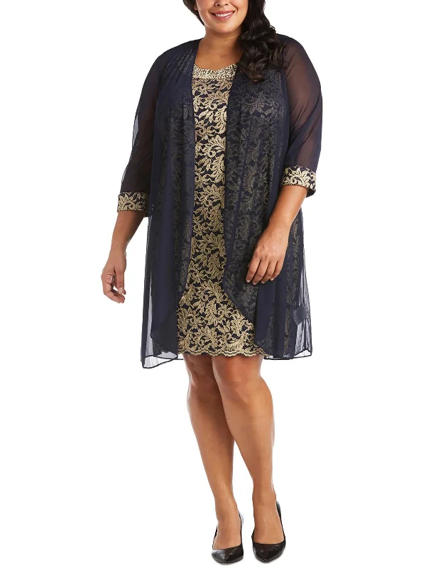 Coral Party Dress for Summer Vibes -Plus Womens Jacquard 2PC Cocktail and Party Dress Coral Party Dress for Summer Vibes -Plus Womens Jacquard 2PC Cocktail and Party Dress
