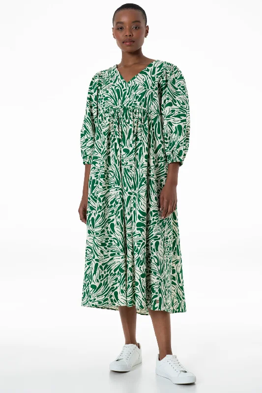 Women's Polka Dot Pleated Midi Dress-Poplin Dress _ 143334 _ Green