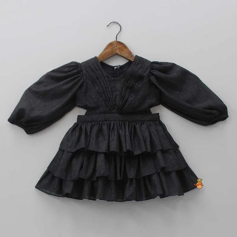 Silk Wrap Dress for Evening Glam -Pre Order: Black Shimmery And Layered Frilly Party Dress Silk Wrap Dress for Evening Glam -Pre Order: Black Shimmery And Layered Frilly Party Dress