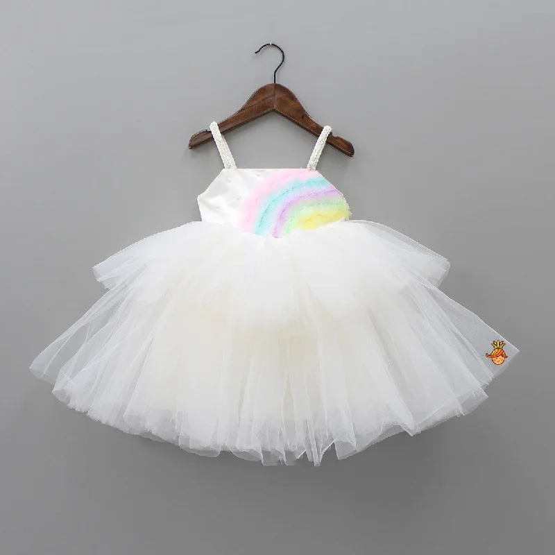 Fit-and-Flare Party Dress for Comfort and Style -Pre Order: Rainbow and Pearl Detailed White Party Dress Fit-and-Flare Party Dress for Comfort and Style -Pre Order: Rainbow and Pearl Detailed White Party Dress