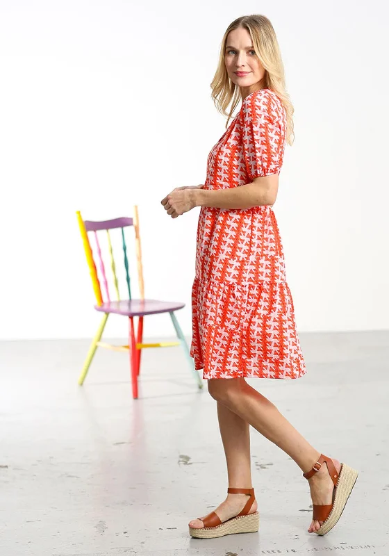 Long-sleeve Cotton Shirt Dress-Rant & Rave Casey Triangle Print Shirt Dress, Coral