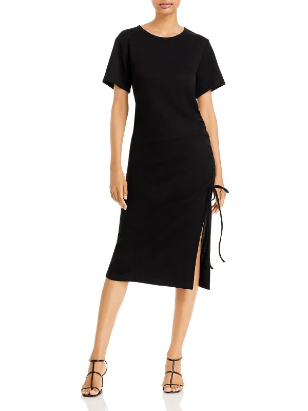 Checked Long Sleeve Shirt Dress-Ratha Womens Side Tie Knee T-Shirt Dress