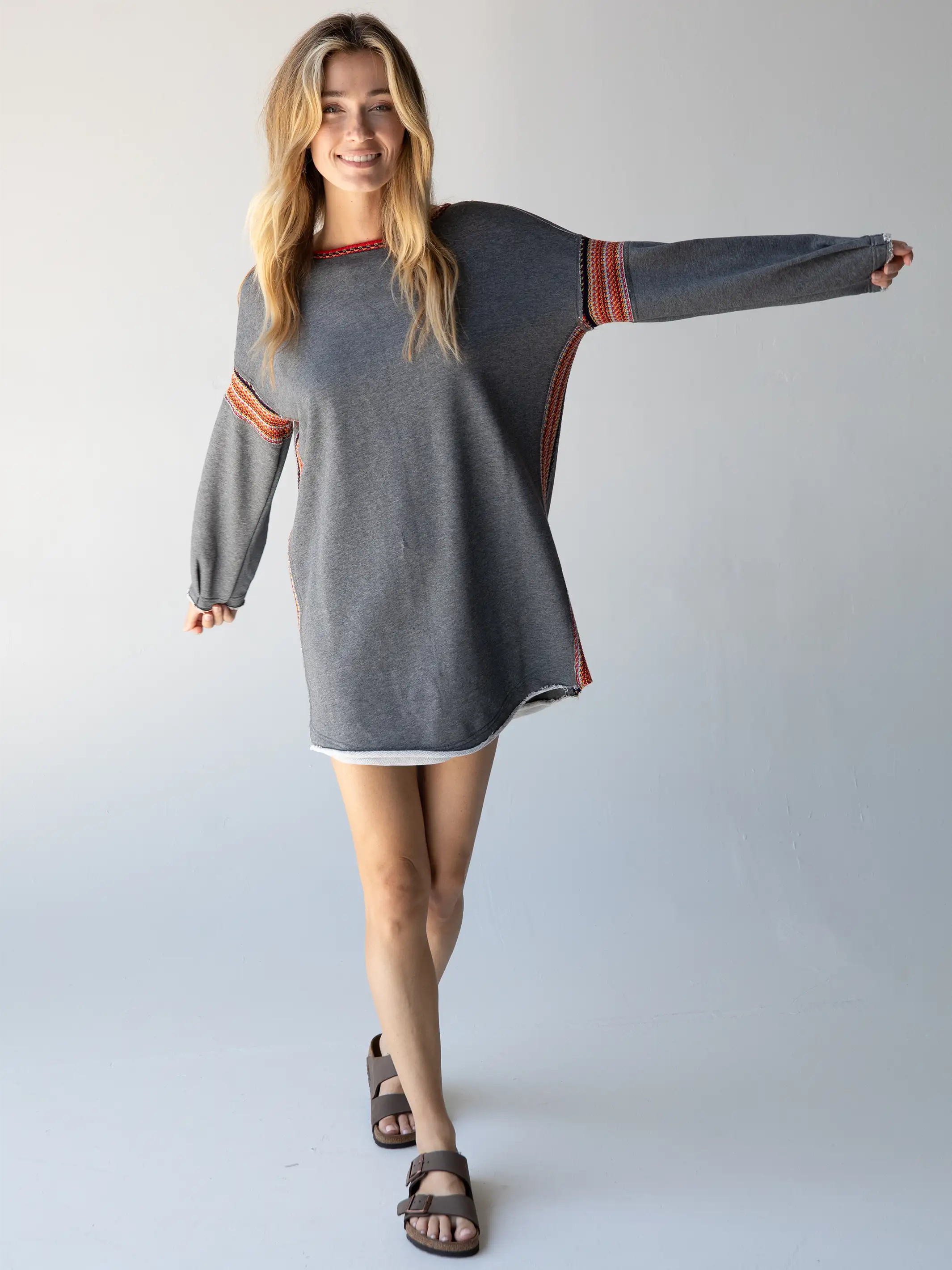 Women’s Long Shirt Dress-Reversible Trim Sweatshirt Dress - Heather Grey