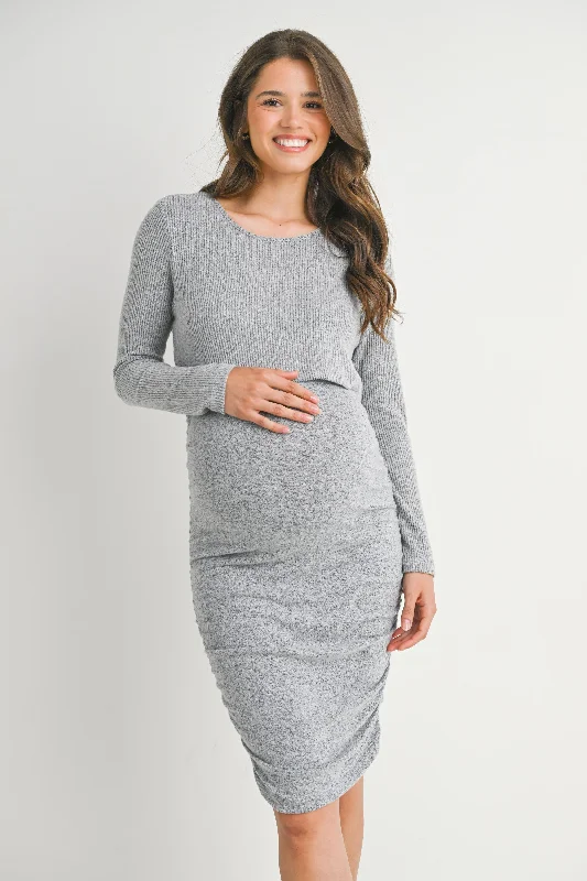 Maternity Dresses for Spring Showers -Ribbed Double Layer Long Sleeve Side Ruched Maternity Nursing Friendly Dress Maternity Dresses for Spring Showers -Ribbed Double Layer Long Sleeve Side Ruched Maternity Nursing Friendly Dress