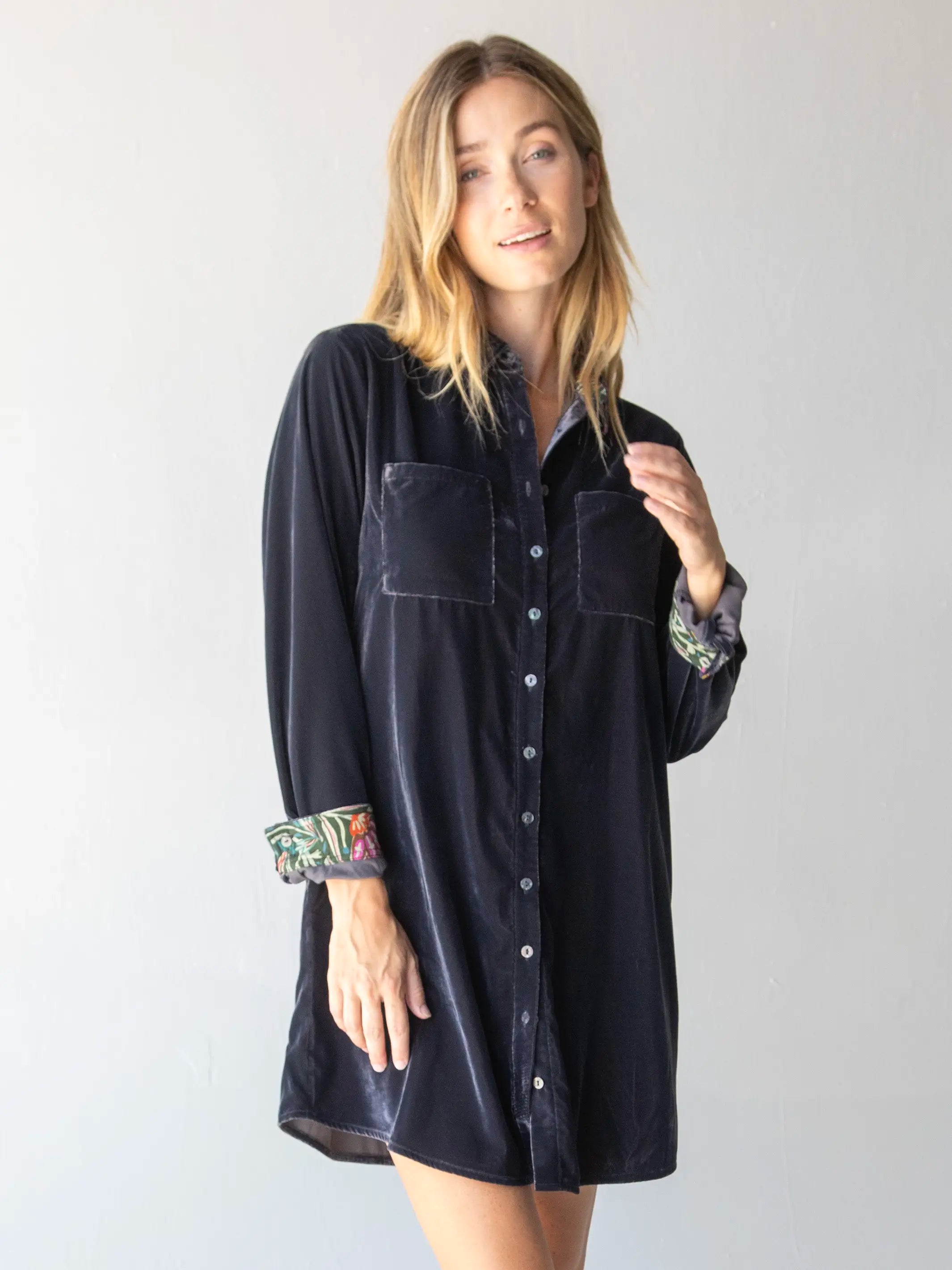 Stretchy Shirt Dress-Rocky Velvet Shirt Dress - Slate Grey