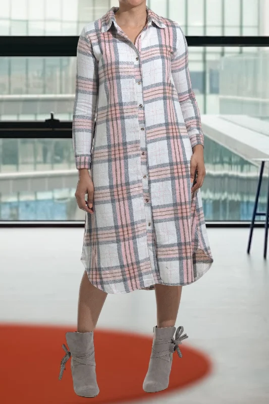 Women's Belted Check Shirt Dress-Pink And Grey Shirt Dress