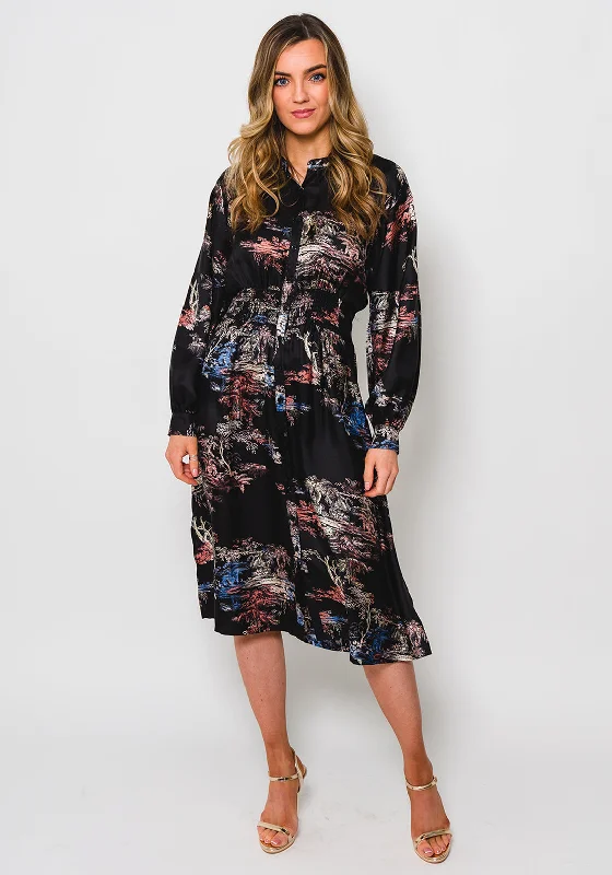 Comfortable Office Shirt Dress-Second Female Roanne Printed Midi Shirt Dress, Black Comfortable Office Shirt Dress-Second Female Roanne Printed Midi Shirt Dress, Black