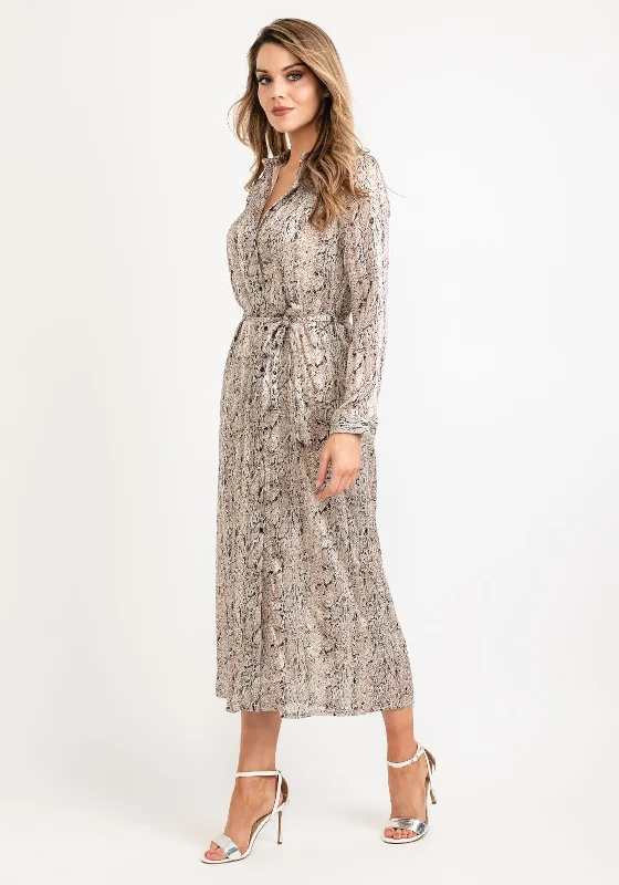 Simple Casual Shirt Dress-Seventy1 Snake Print Maxi Shirt Dress, Beige Multi