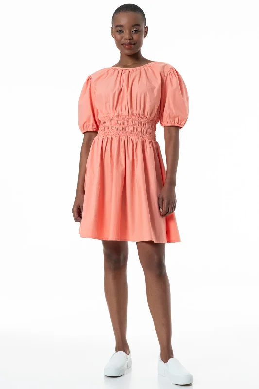 Women's Bohemian Print Midi Dress-Shirred Waist Dress _ 152170 _ Coral