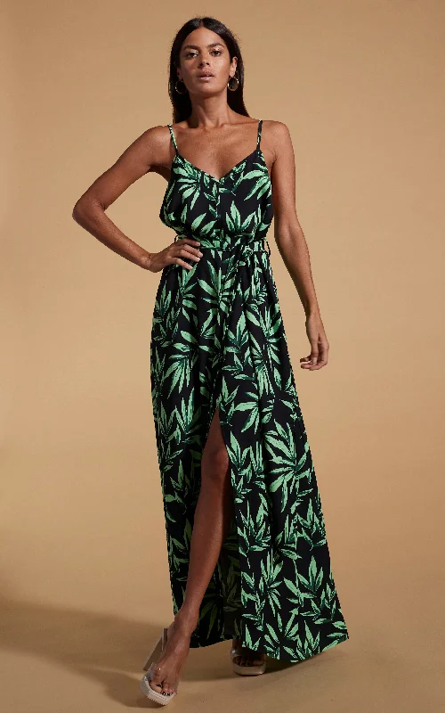 Satin Pink Slip Dress -Black Slip Dress for Cocktail Party -Sookie Slip Dress in Tropic Green on Black