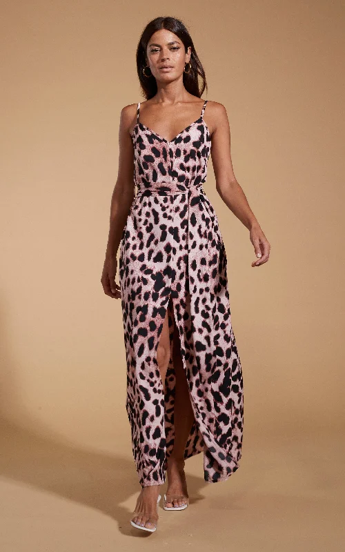 Silk White Slip Dress -Satin Slip Dress with Side Slit -Sookie Slip Dress in Blush Leopard