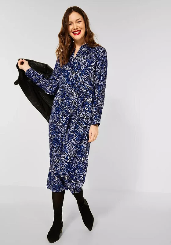 Blue Shirt Dress-Street One Petal Print Midi Shirt Dress, Navy Multi