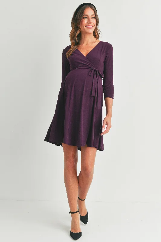 Maternity Dresses with Banded Hem -Surplice Wrap Maternity Nursing Dress with Tie