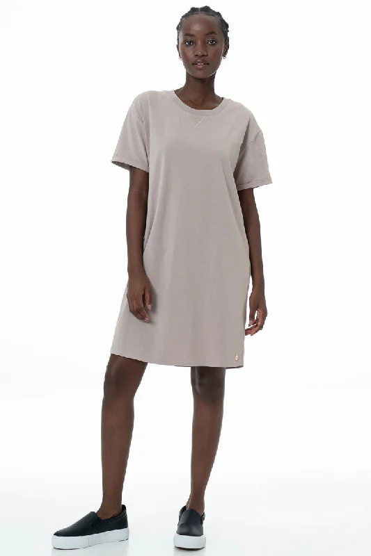 Button Front Shirt Dress with Pockets-T-Shirt Dress _ 145768 _ Stone