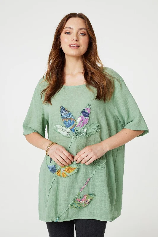 Women's Casual Blouse Top -Floral Embroidered Oversized Blouse
