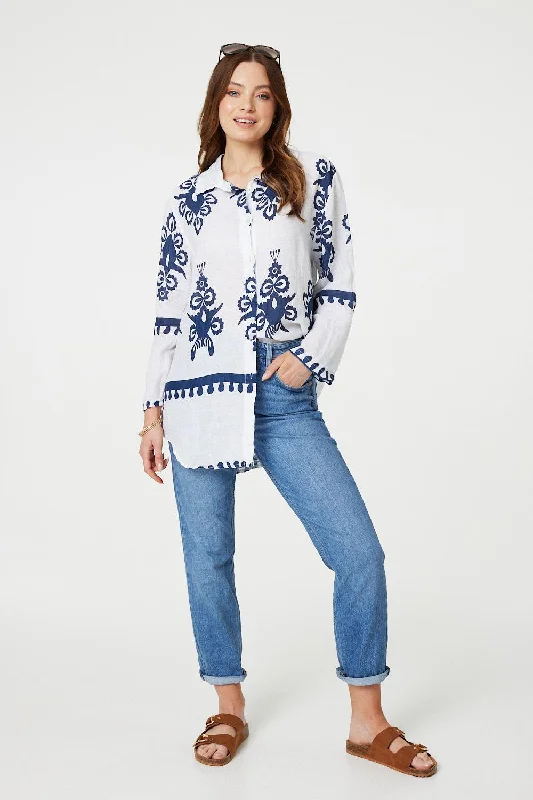Women's Tie-Front Top -Printed Oversized Button Down Shirt