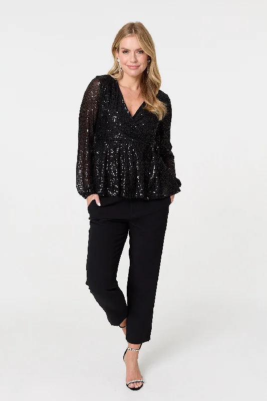 Women's Relaxed Long Sleeve Tee for Comfort -Sequin Embellished Long Sleeve Peplum Top Women's Relaxed Long Sleeve Tee for Comfort -Sequin Embellished Long Sleeve Peplum Top