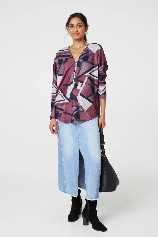 Women's Satin Blouse -Geo Print Zip Front Relaxed Top