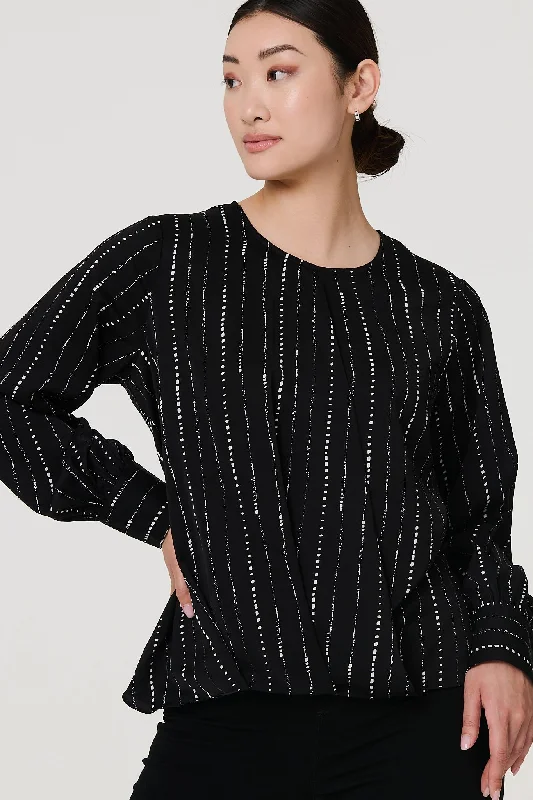 Women's Essential Long Sleeve T-shirt -Metallic Stripe Long Sleeve Blouse