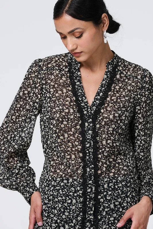 Women's V-neck Long Sleeve T-shirt -Ditsy Floral Semi Sheer Long Sleeve Blouse