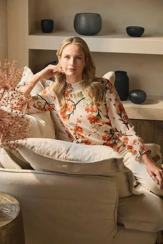 Women's Sheer Top -Floral Shirred High Neck Blouse
