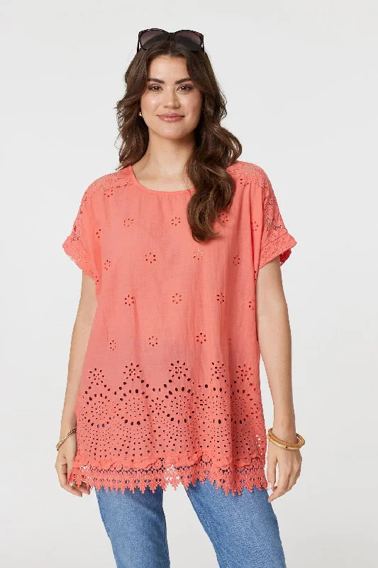 Women's Ruffle Top -Broderie Anglaise Oversized Blouse