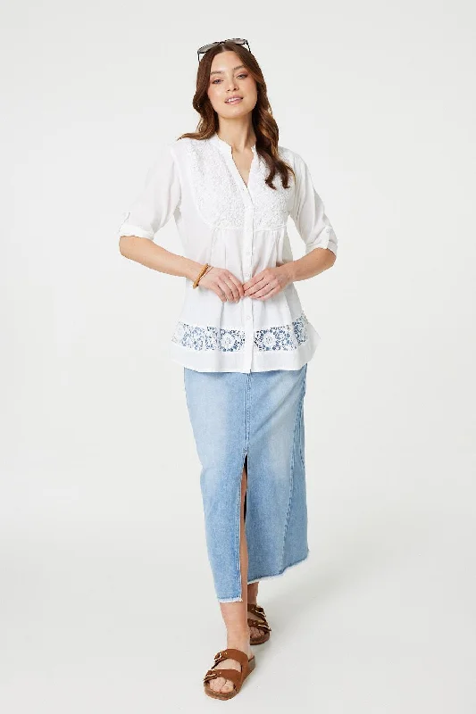 Women's Lace Top -Lace Detail Collarless Button Down Shirt