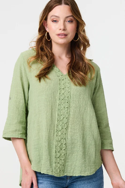Women's Structured Top -Lace Detail V-Neck Relaxed Blouse