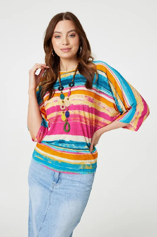 Women's Silk Top -Striped Batwing Top with Necklace