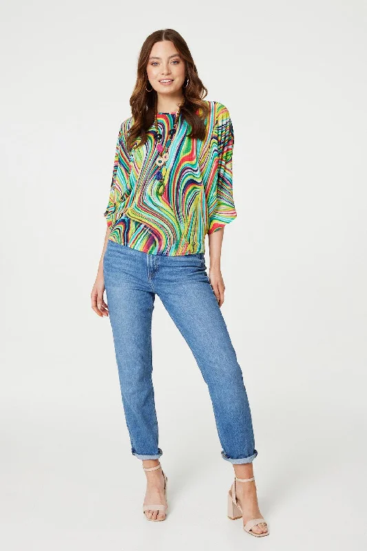 Women's Chiffon Top -Marbled Batwing Top with Necklace